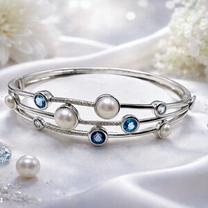 Alwand Vahan 925 Silver Pearl, Blue Gemstone & Diamond Hinged Cuff Bracelet